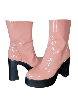 GB Pink Patent Platform Go Go Boots Womens 8 Mod Y2K Chunky Heel Retro