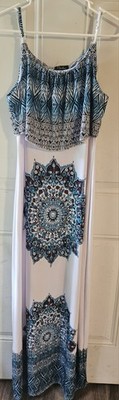 Chesley Women s Maxi Dress Size L Blue White Medallion Print Tiered Overlay Boho