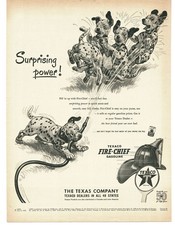 1952 Texaco Fire-Chief Gasoline Ad Dalmatian Puppies with hose Fireman Helmet