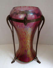 Antique Loetz Style Iridescent Art Glass Vase Bronze Art Nouveau Mounting