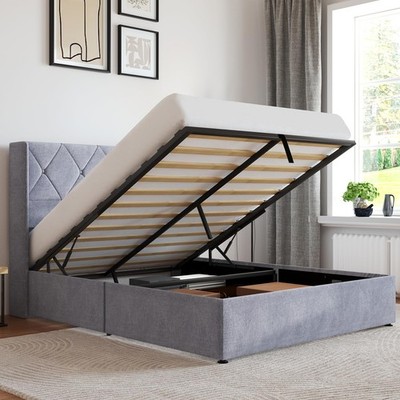 OLIXIS Full Size Lift Up Storage Bed with Wingback Headboard, Modern Upholste...