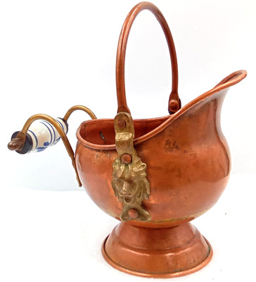 Copper Pitcher Coal Shuttle Lion Floral Delft Porcelain Brass Handle Vintage 7''