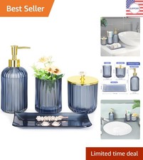 Luxury Blue Glass Bath Set - 4-Piece Includes Soap Dispenser Vanity Tray