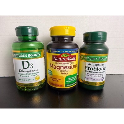 Wellness Lot of 3 - Sealed Nature Made Magnesium + Nature's Bounty D3+Probiotic