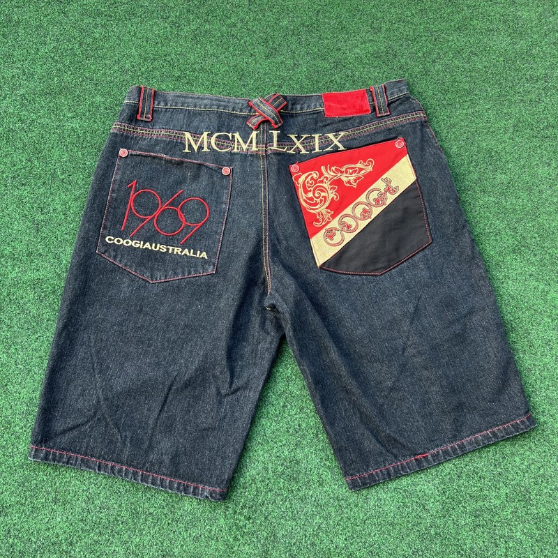 COOGI Australia Y2K Baggy Hip Hop Embroidered Dark Denim Shorts Sz 44