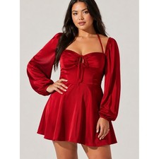 ASTR the Label Vivian Dress Deep Red Satin Halter Mini Dress Puff Sleeve Size L