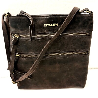 Estalon Brown WAXED OILED Leather LONG Shoulder Bag BoHo SLIM Crossbody  Purse