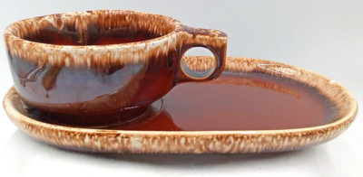 Hull Pottery Brown Drip Soup Mug Snack Tray Sandwich Oven Proof Brown Vintage