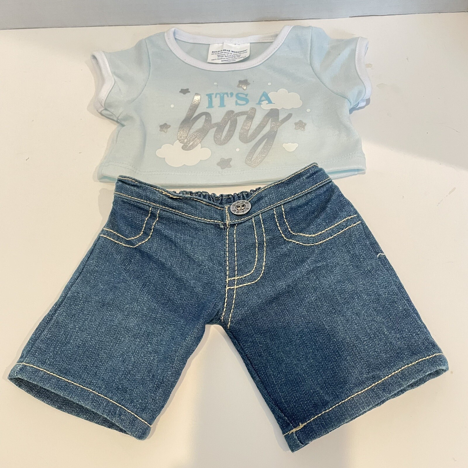 Build a Bear Blue Denim Shorts and It's a Boy Shirt Preppy Teddy Outfit