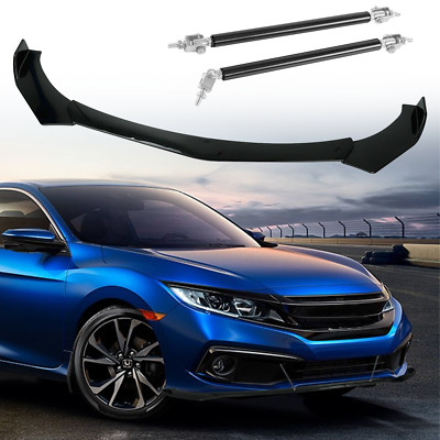 For Honda Civic SI 2006-2019 Front Bumper Lip Splitter Chin Spoiler + Strut Rods