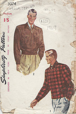 1949 Vintage Schnittmuster C38''-40'' HERREN JACKE & HOLZFÄLLERJACKE (1331) 