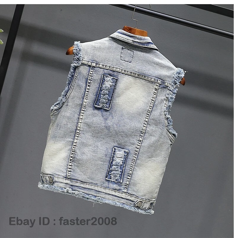 Mujeres Denim Lentejuelas Agujero Roto Chaleco Botón Informal Prendas exteriores Jeans Chaleco S-2XL Foto 4 de 4