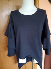 Almost Famous Women's Bell Sleeve 3 Ruffles  High Low Top Black Large