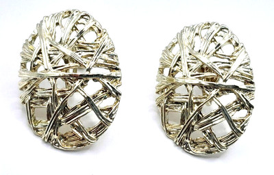 Vintage 1960's Large 1.25'' Oval Gold Plated Bird's Nest Mesh Screwback Earrings