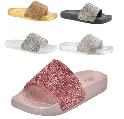Womens Ladies Slip On Sparkly Diamante Bling Sliders Summer Sandals Size UK  3-8 | eBay