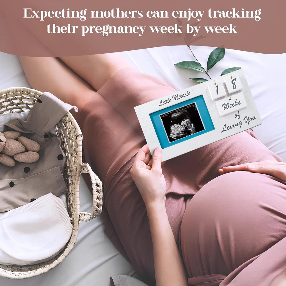 Marco de fotos de ultrasonido con rastreador de hitos, marco de madera blanco para bebé Foto 2 de 4