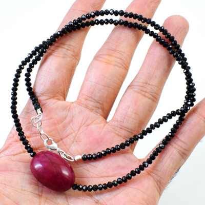 80.00 Cts Earth Mined Red Ruby & Black Spinel Faceted Beads Necklace NK 16E121