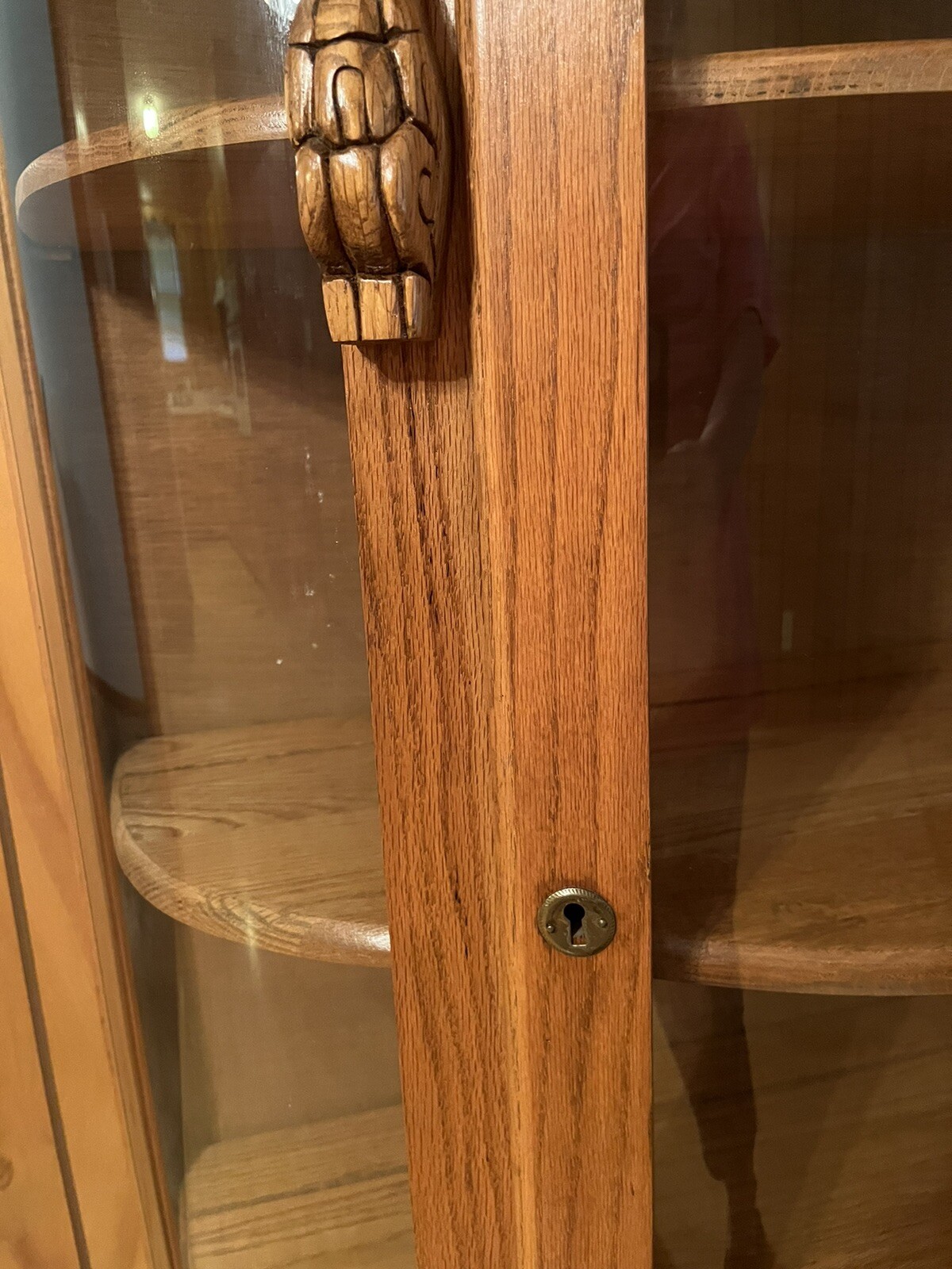 Antique American Tiger Oak Curved Glass Curio Skeleton Key 64