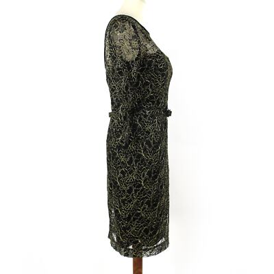 THEIA Lace Black Gold Floral Belted Cocktail Dress 8 Boat Neck 3/4th Sleeve  | eBay