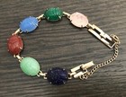 Vintage Goldtone Carved Scarab Bracelet Genuine Stones w/Safety Clasp 7”