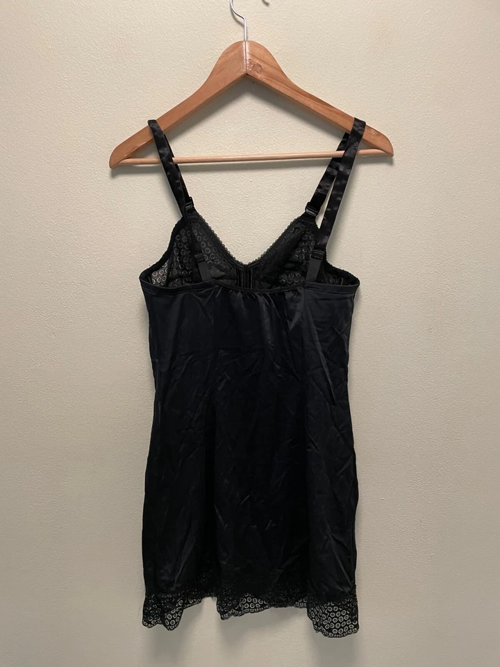 Vestido sin mangas vintage para mujer Bustier 34D negro satinado floral encaje babydoll femenino Foto 3 de 4