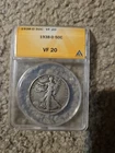 1938-D Walking Liberty Silver Half Dollar, ANACS VF-20, Very Fine Coin