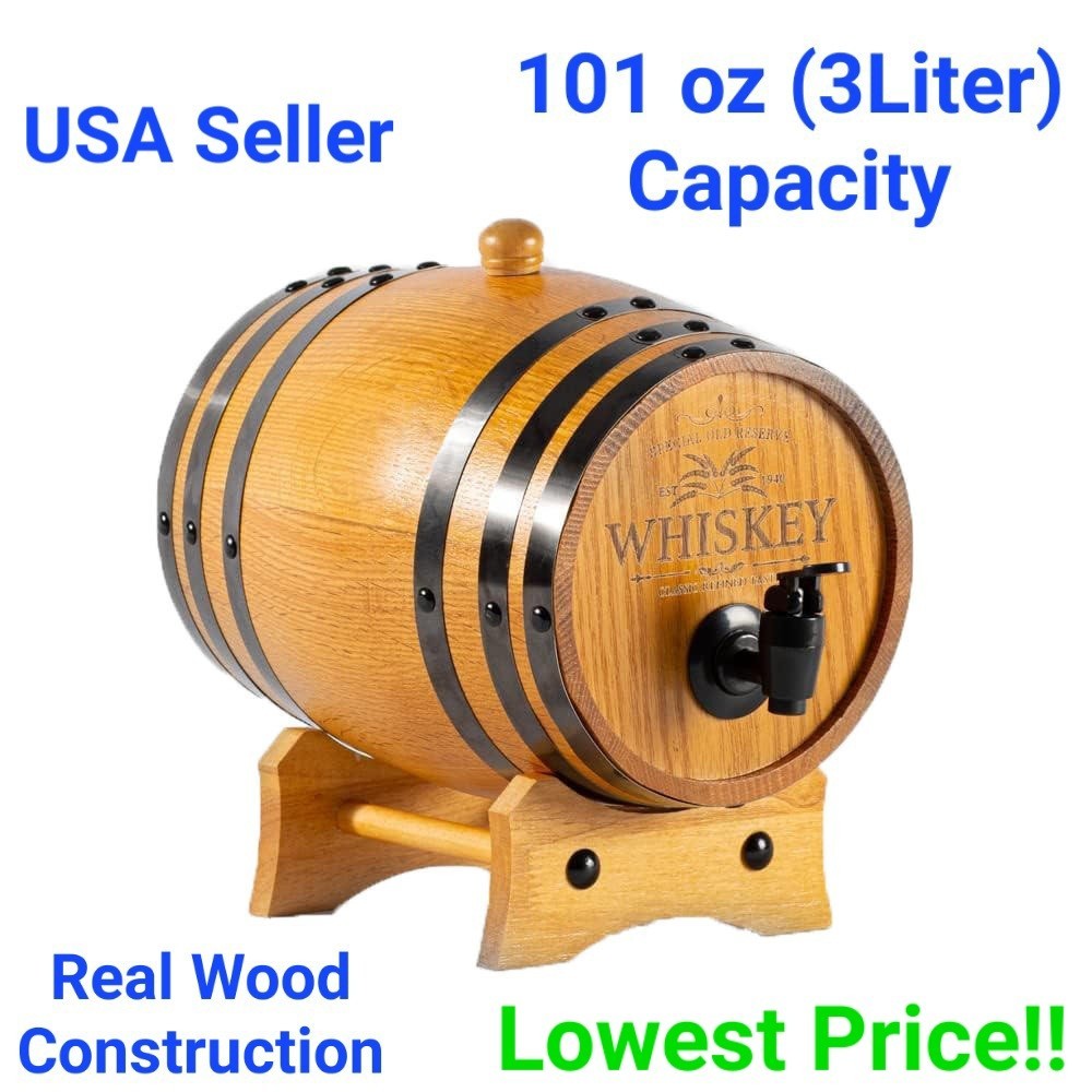 Real Wood Whiskey Barrel Liquor Wine Spirits Drink Dispenser wTap Stand 101oz 3L