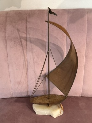 Vintage MCM Brutalist Torch-Cut Sailboat Sculpture - C. Jéré Style