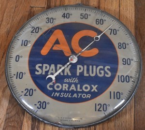 Vintage AC Spark Plugs Coralox Insulator Gas Station Advertising Thermometer