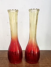 AMBERINA JEANNETTE GLASS PAIR OF BUD VASES