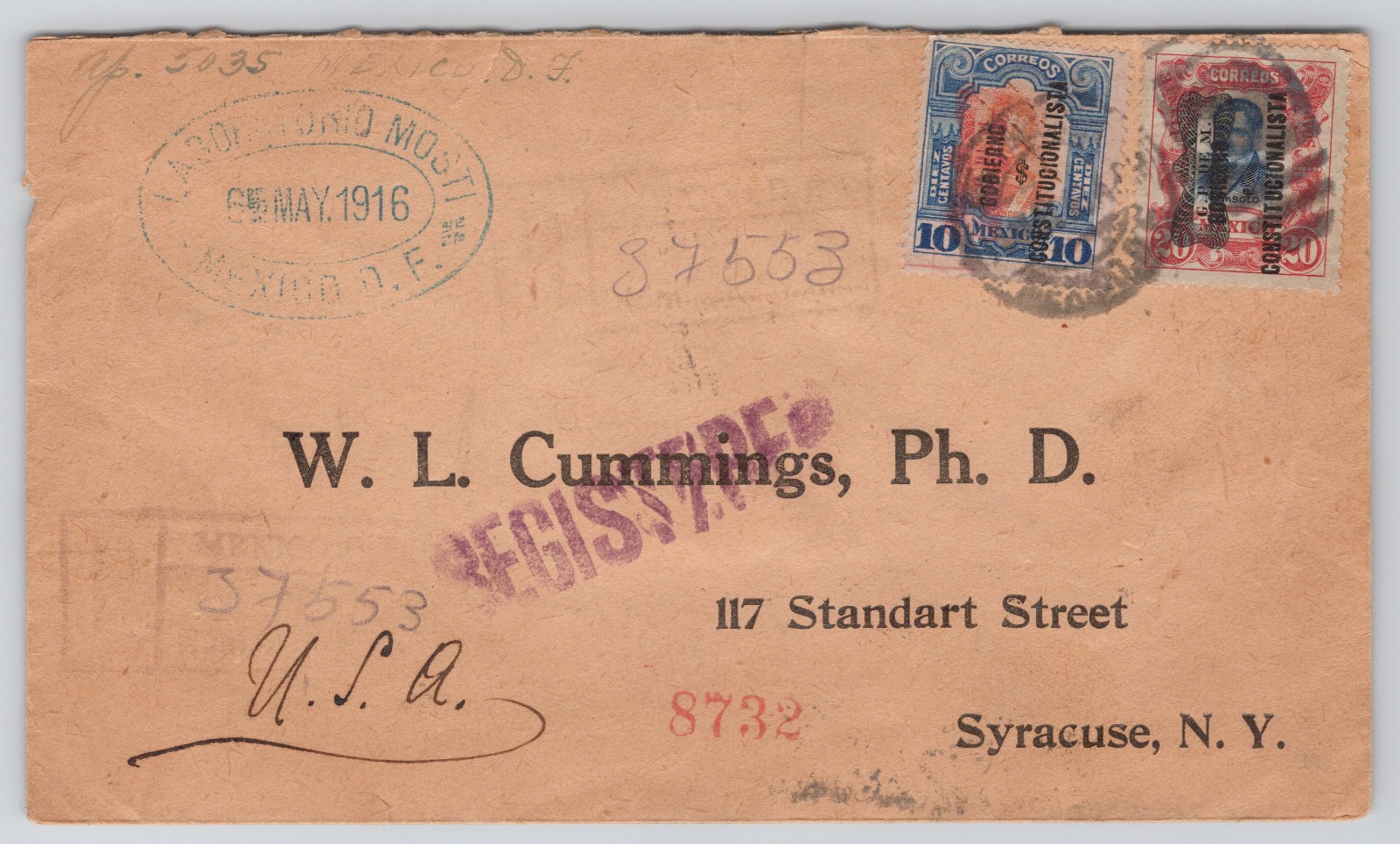 1916 Mexico Registered Cover to USA | Constitucionalista Overprints