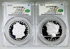 2023 $1 S Proof Silver Morgan & Peace Dollar 2 Coin Set CAC PR70 First Delivery