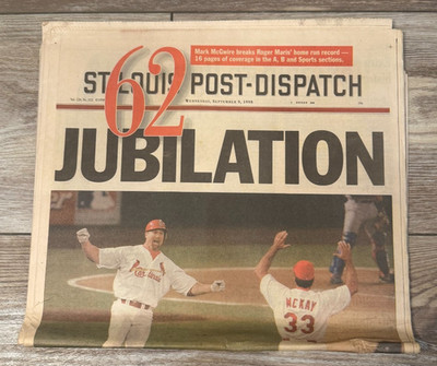 MARK McGWIRE ST. LOUIS POST DISPATCH NEWSPAPER 09/09/98 62nd HOME RUN JUBILATION