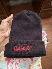 Vintage Peterbilt Knit Beanie Hat Black Red Embroidered Logo USA Made Faded Tag