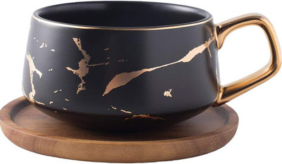 Luxury Golden Marble 10.5 Oz Matte Ceramic Latte Coffee Tea Cups with Wood Sauce