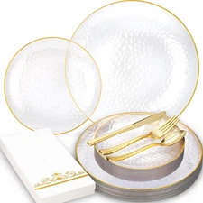 150 Pcs Plastic Dinnerware Set Disposable for 25 Guests - Clear Plates with G...