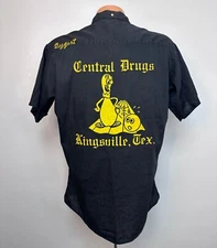 Vtg 1960s Bowling Shirt 60s Central Drugs Kingsville TX Flocked Chain Stitching