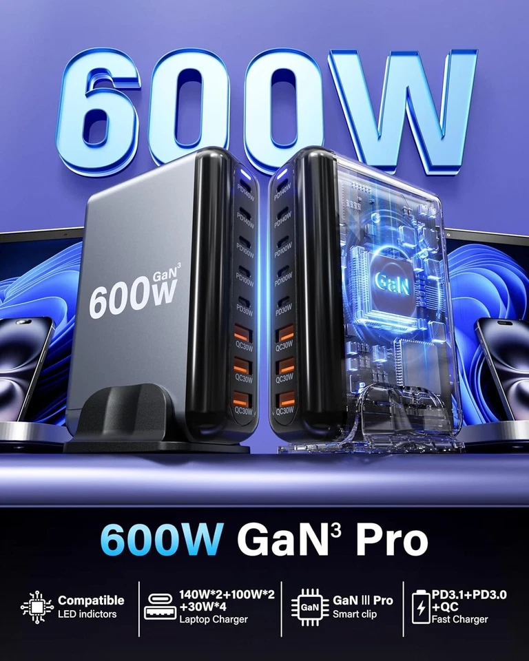 600W GaN 8 Port 140W/100W/30W USB A /Type C Fast Charging Charger Dock Station - image 3 of 4