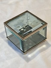 Vintage Square Beveled Glass Mirrored Brass Frosted Flowers Jewelry Box Curio