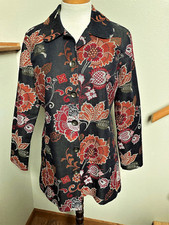 CHICO'S-L/S-GRAY W/DK.ORANGE/RED/WHITE FLORAL PRINT JACKET/BLAZER-STRETCH-1 M/8