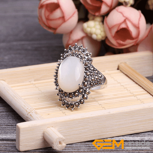 Natural Oval Gemstone Marquis Marcasite Beads Silver Jewelry Ring Size #6#8 Gift - Picture 38 of 55