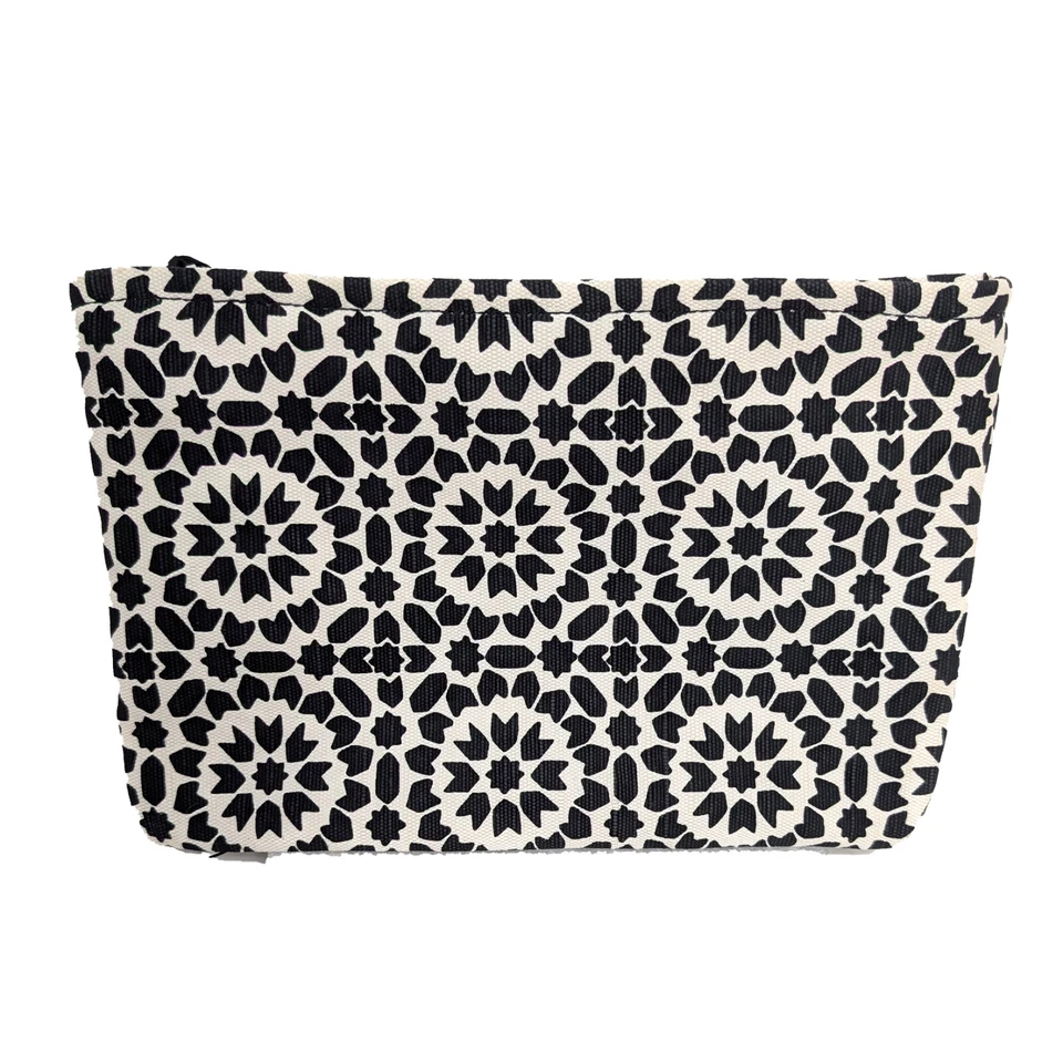 Kate Spade Negro Blanco Estampado Geométrico Floral Mosaico Lazo Muñequera Top Cremallera Bolsa Foto 3 de 4