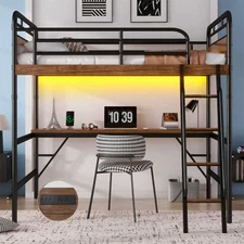 Full Size Loft Metal Bed w/ Charge Station Desk Metal Loft Bed Frame LED Light