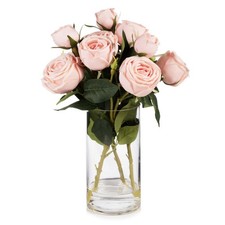 9 Heads Silk Rose Artificial Flowers in Vase,Faux Rose Flowers Arrangement in...