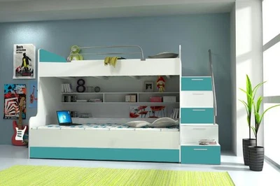 Doppelstockbett Etagenbett Bett Kinderbett Jugendbett Hochbett B03  Türkis/Weiß - Bild 1 von 4