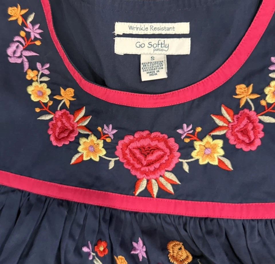 Go Softly Patio Dress Small Navy Pink Floral Embroidered Lounge House - Image 2 of 3