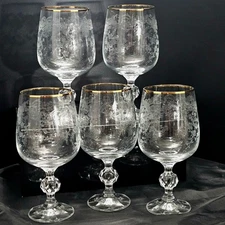 5 Crystalex Queens Lace Water Glasses 6.5" handblown Bohemia Crystal etched glas