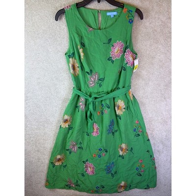 Draper James Floral Embroidered Dress Womens Small Green Sleeveless Belted Midi