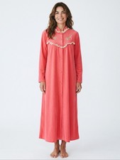 Vintage Coral Button-Front Embroidered Robe with Ruffle Trim