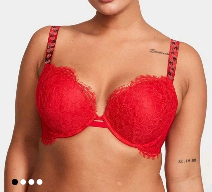 VS Lot 2 36DDD Push Up Bra Shine Strap Cherry Red & Blue Lace Strappy - Image 4 of 4